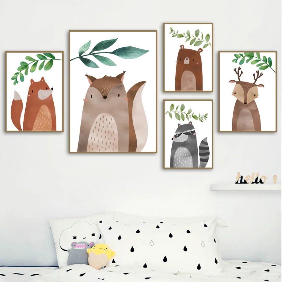 

Leaf Animal Koala Panda Fox Bear Deer Wall Art Canvas Painting Nordic Posters And Prints Girl Wall Pictures Baby Kids Room Decor
