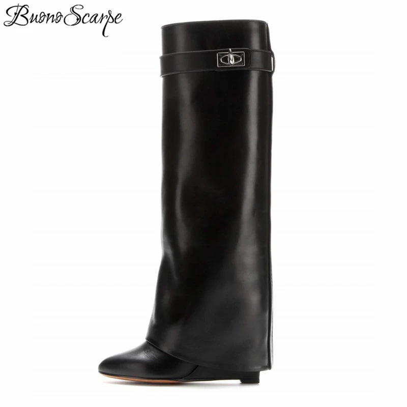 

BuonoScarpe Shark Lock Women Wedge Boots Black Fold Knee High Heel Boots Pointed Toe Long Boots Female Wedges Heel Botas BigSize