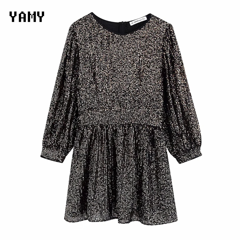 Уличное женское мини платье с блестками Vestidos длинным рукавом и высокой талией