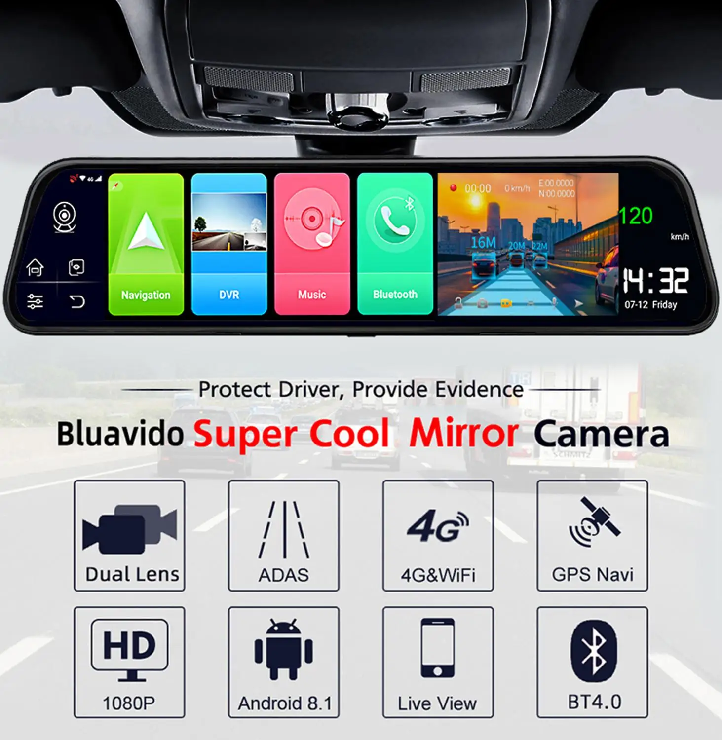 Bluavido 3 в 1 Автомобильная камера зеркале заднего вида 4G Android GPS навигации ADAS 1080P Dash Cam