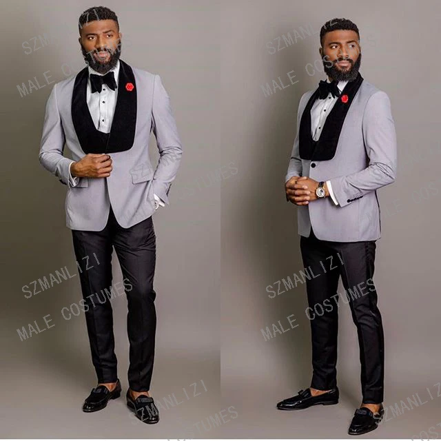 

Men Wedding Suits 2021 Velvet Lapel Groomsmen Light Grey Groom Suit Mens Tuxedo Best Man Blazer Wedding/Prom Suits 3 Pieces