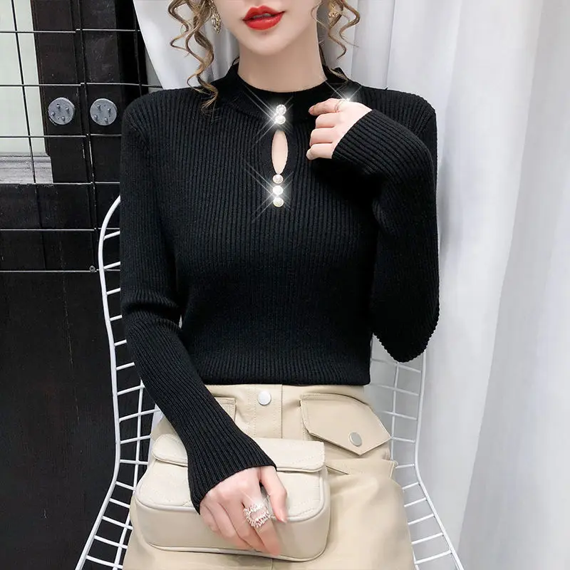 

2021 Autumn Pullover New Solid Slim Fit Slimming Small Square Collar Knitwear For Women Button Decor Long Sleeve Female Tops
