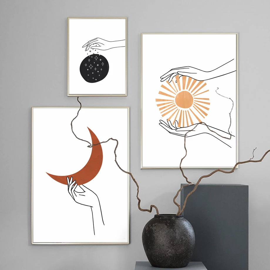 

Wall Art Canvas Painting Modern Minimalist Moon Star Sun Hand Nordic Posters And Prints Wall Pictures For Living Room Decoration