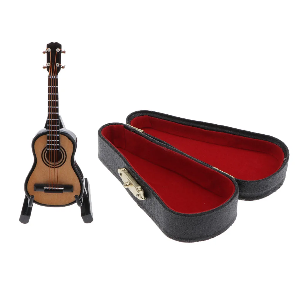 

1/12 миниатюрная деревянная гитара для кукольного домика с подставкой, музыкальный инструмент светло-коричневого цвета