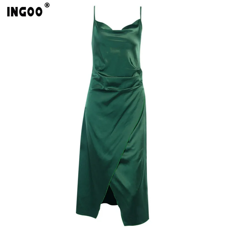 

INGOO Elegant Spaghetti Strap Midi Dress Sexy Club Satin Cross Split Sleeveless Slash Neck Bodycon Dresses Party Night Vestidos