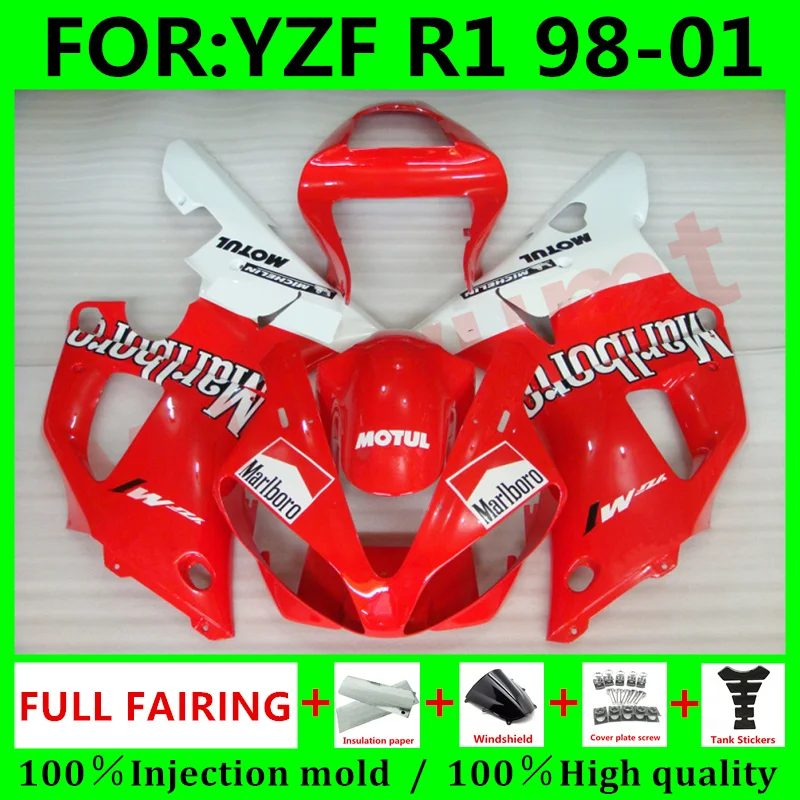 

Комплект обтекателей под давлением мотоцикла для YAMAHA YZF R1 YZF1000 98 99 00 01 R1 обтекатель кузова YZFR1 1998 1999 2000 красный белый