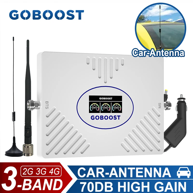 

GOBOOST Tri Band Signal Booster For Car 70dB High Gain 2G+3G+4G Cellular Amplifier LTE 850 900 1800 2100MHz Network Repeater Kit