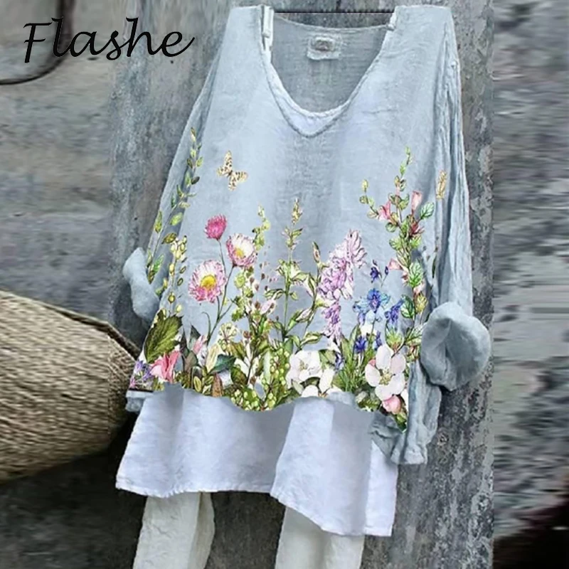 

Vintage Printed Shirt Women O Neck Spring Autumn Blouse 2021 Floral Print Casual Tops Female Long Sleeve Shirts Plus Size