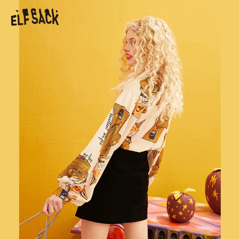ELFSACK с принтом лисы, винтажная шифоновая блузка, рубашки для женщин,, зимний Корейский стиль, на одной пуговице, рукав-фонарик, офисный женский топ