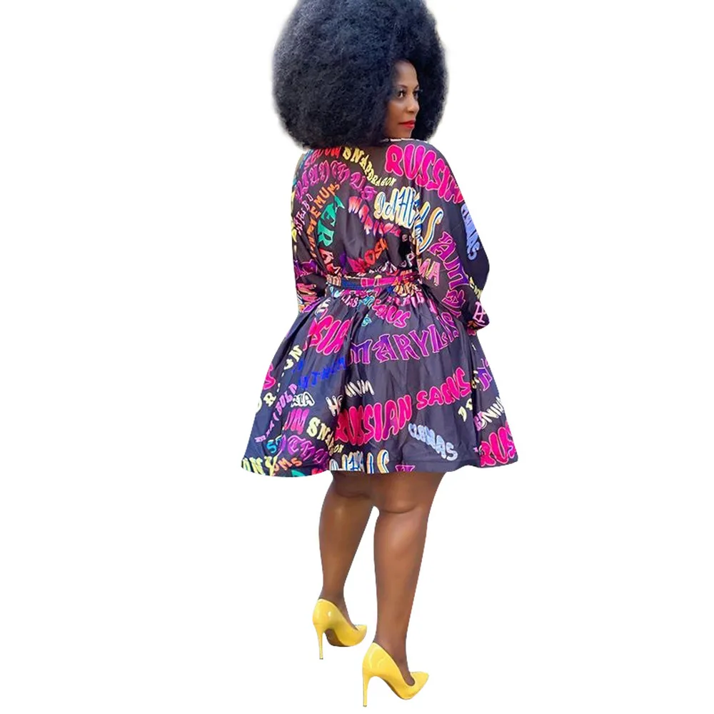 

Letter Print Autumn Plus Size Party Dresses Women Deep V Neck Long Lantern Sleeve Pleated Dress Vintage Buttons Up Sashes Dress