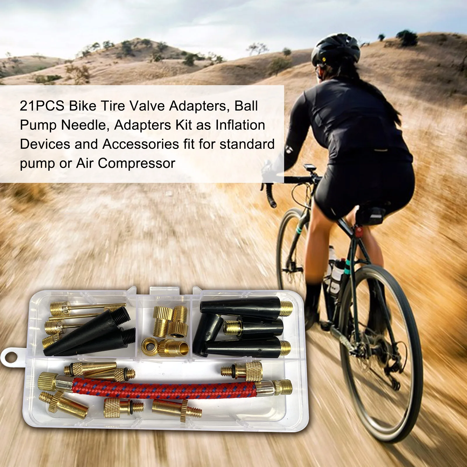 

21PCS Bike Tire Valve Adapters Ball Pump Needle Adapters Kit as Inflation Devices Accessories for standard pump Air Compressor