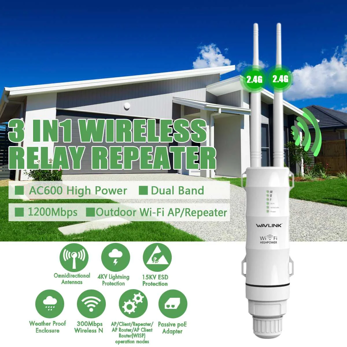 Wi-Fi-удлинитель Wavlink AC600 27dBm 2 4 ГГц/150 Мбит/с + 5 ГГц/433 | Компьютеры и офис