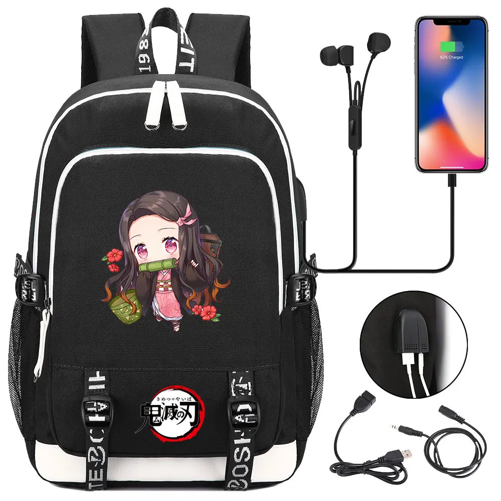 

New Kawaii Anime Demon Slayer Prints USB Boy Girl Kids Book School Bags Teenagers Student Women Men Laptop Travel Backpack