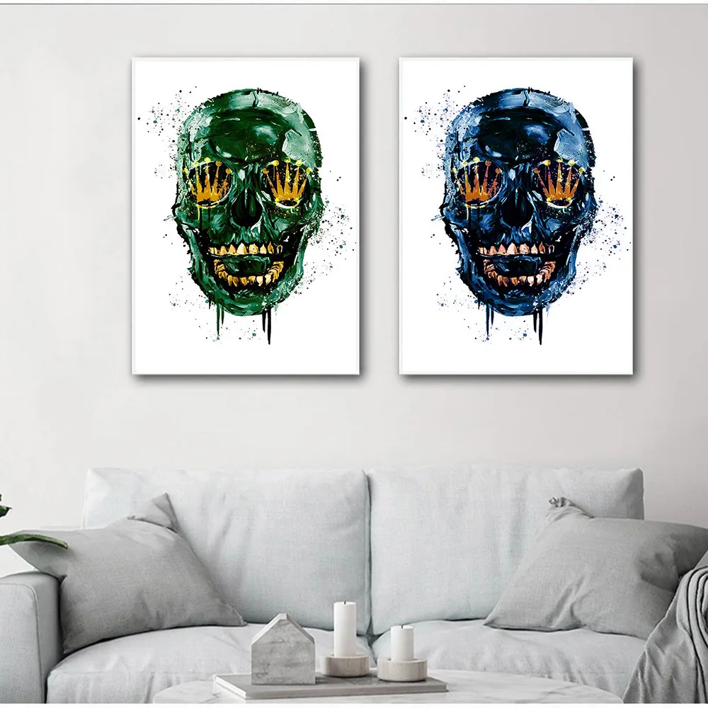 

Golden Skeleton Workart Posters And Prints Green And Blue Abstract Skull Canvas Painting Wall Art Picture for Living Home Decor