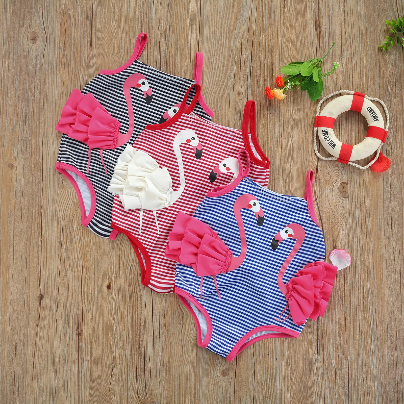 

2021 Summer Infant Baby Girls Swimming Bodysuit with 3D Flamingo Kids Horizontal Stripes Printed Cute Summer Clothing Outfits
