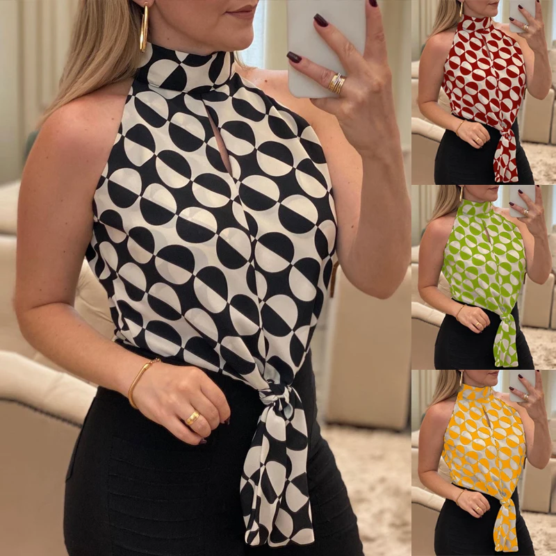 

2021 Spring Geometric Print Women Tops and Blouses Summer Halter Sleeveless Slim Shirt Retro Lace-up Bow Streetwear Blusas Mujer