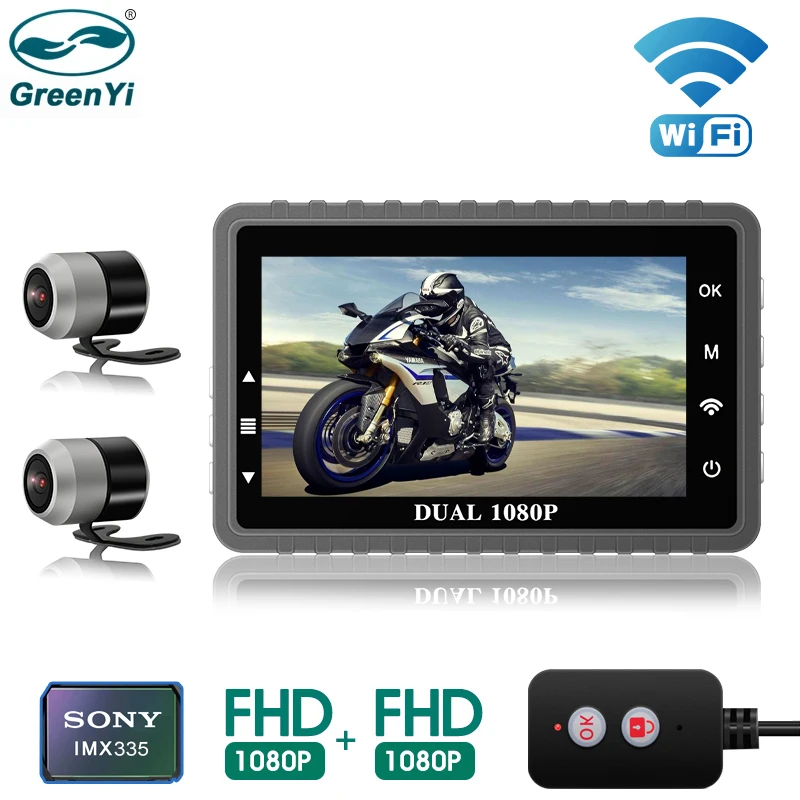 GreenYi FHD 1080P 3 дюйма IPS мотоцикл Dash Cam WiFi Водонепроницаемый спереди и сзади Камера