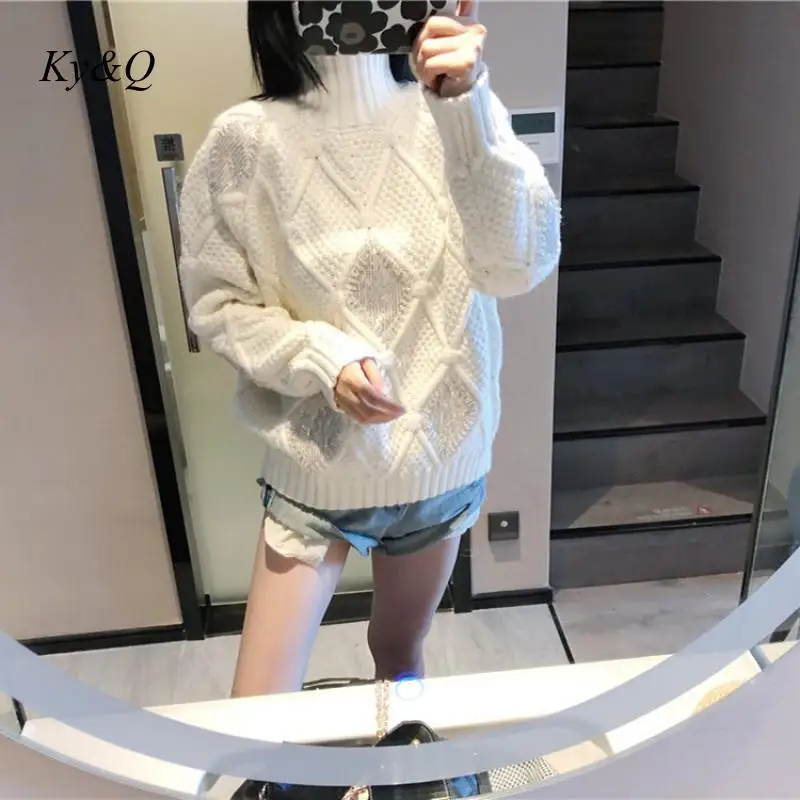 

Женская Повседневная водолазка, подиумный белый роскошный свитер с длинным рукавом и бисером, зима 2020