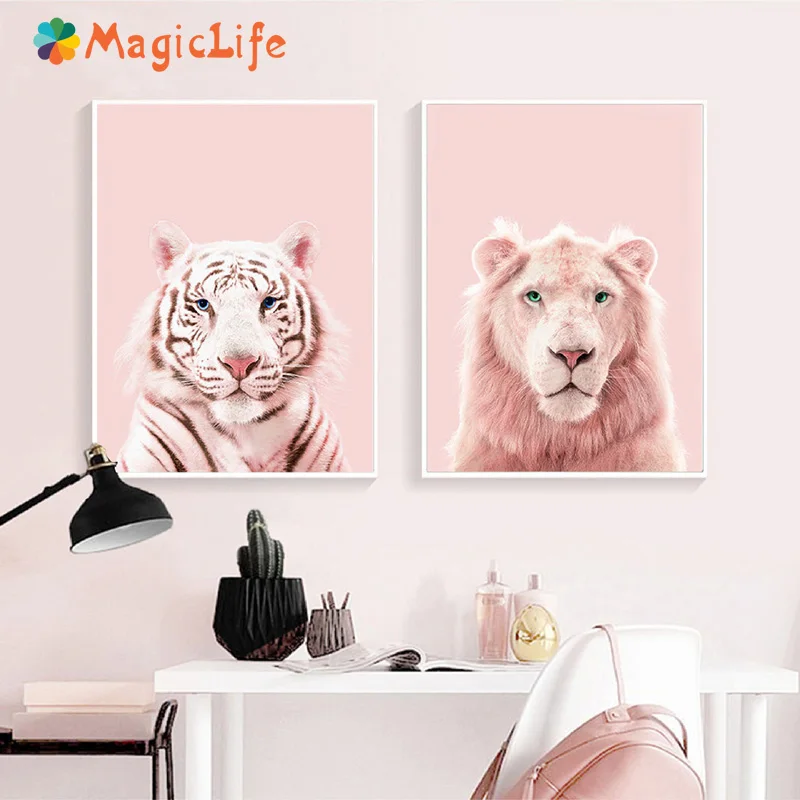 Настенная картина розового тигра с изображением Льва Постер без рамки для