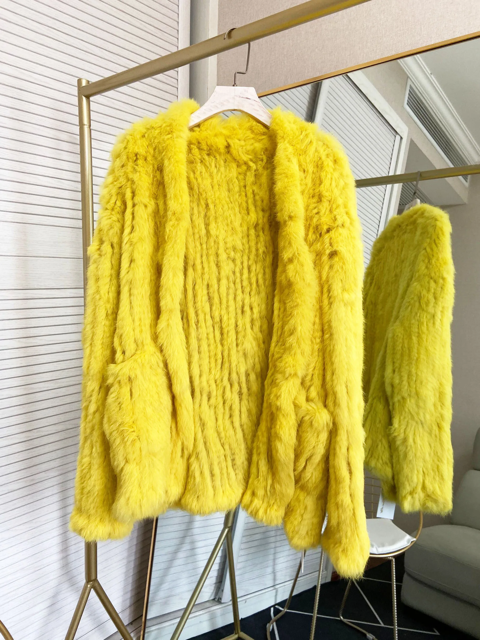 Zero Fish Produce 2021 New Fashion Real ladies Fur  Genuine Knitted Rabbit Coat With Pocket  Fur  Jacket Color Size Customized