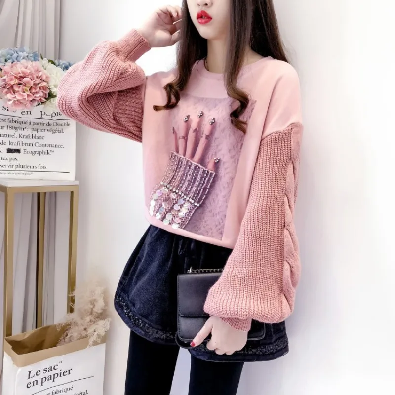 Женские расклешенные пуловеры с блестками и принтом в Корейском стиле осенние