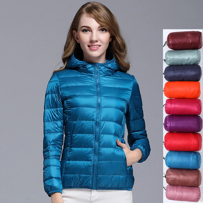 

Women 90% White Duck Down Jacket Autumn Female Ultra Light Down Jackets Slim Solid Long Sleeve Hooded Parkas Candy Color