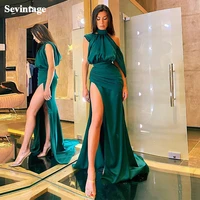 sevintage sexy mermaid high slit satin evening gowns dark green halter pleats prom dress sweep train formal party dresses 2020