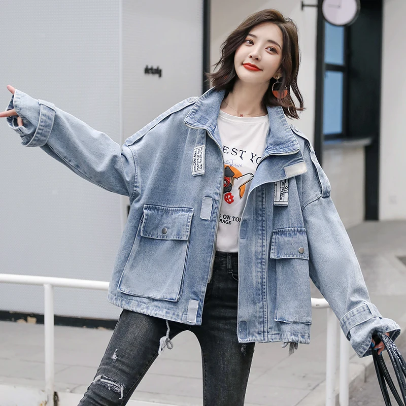 Большой карман джинсовая куртка Женская свободная летучая мышь рукав простая