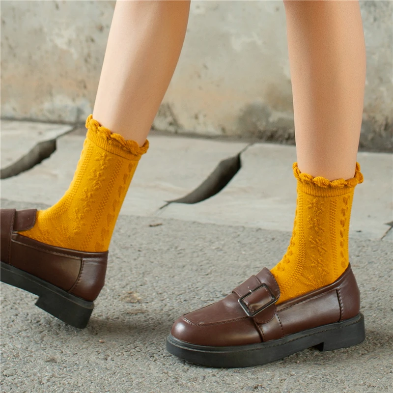 

Fashion Pure Cotton Fungus Lace Pile Socks Women Autumn Winter Tube Japanese Solid Color Cute Jacquard Lace Female Stockings