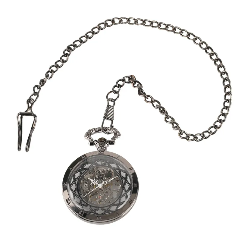 Silver/Black/Bronze Vintage Open Face Pocket Watch Transparent Hand Wind Mechanical Clock for Men Women Retro Pendant Chain