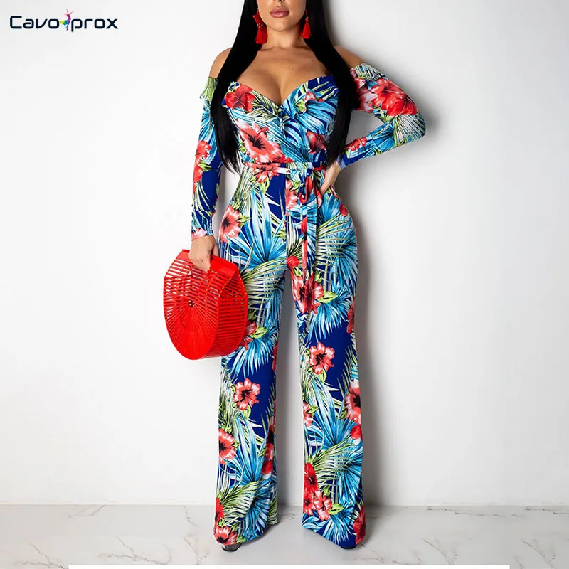 Women Flora Printed Long Sleeve Off Shoulder Bodycon Wide Leg Jumpsuit Wrap Belt Slim Fit Street Wear Fashion New Trend | Женская одежда