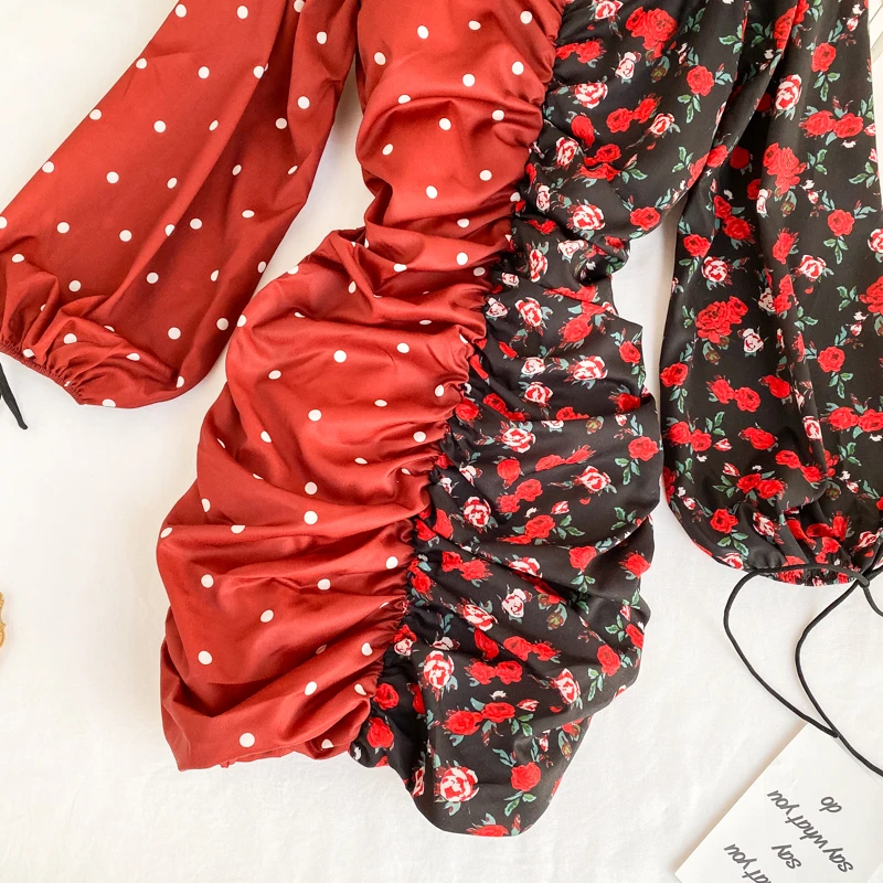 Женское плиссированное платье с цветочным принтом длинным рукавом фонариком и V