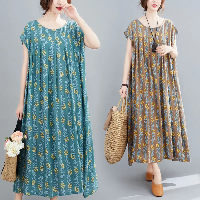 

Fat MM adds fat to increase the size dress summer retro ancient ways printing high waist big put temperament long skirt