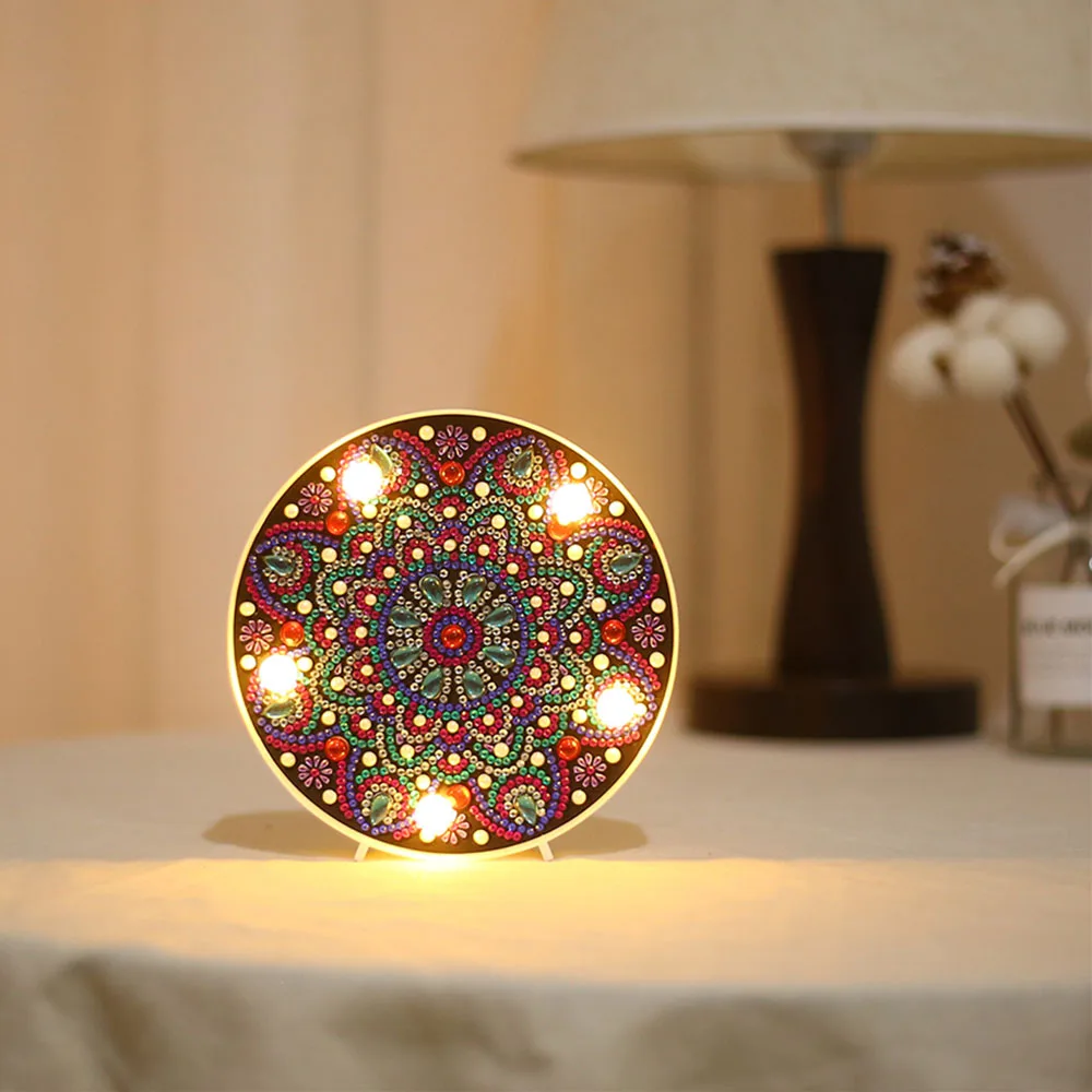 Christmas Hot Sale Round Circle Animal Mandala Landscape Diy Diamond Painting Led Light Lamp On The Table Round Shinny Beads