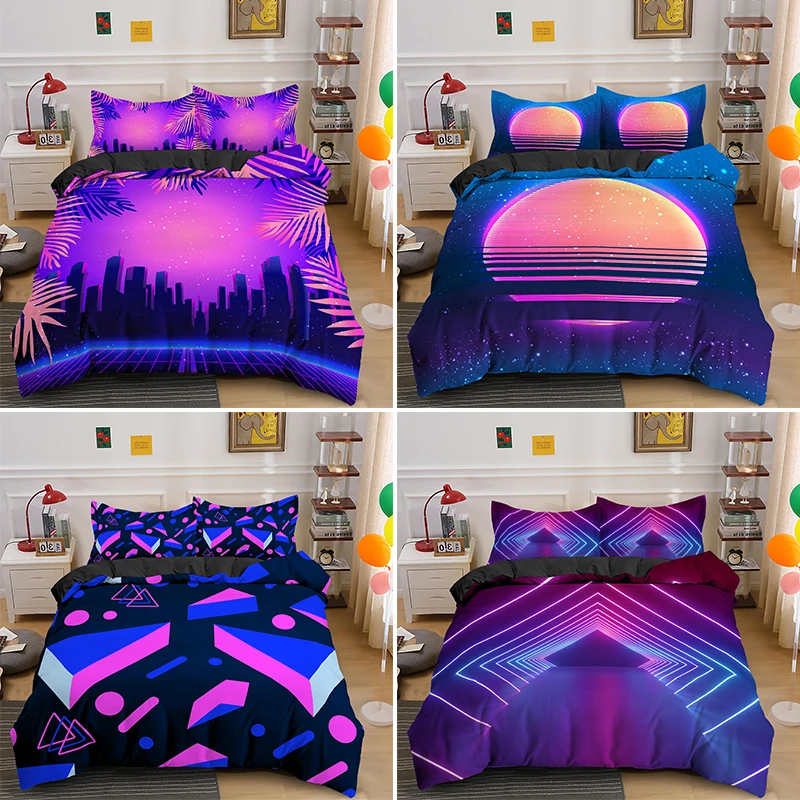 

Abstract Modern Retro Neon Bedding Set Single Double King Queen Size Geometic Duvet Cover Pillowcase Luxury Bed Linen Bedclothes