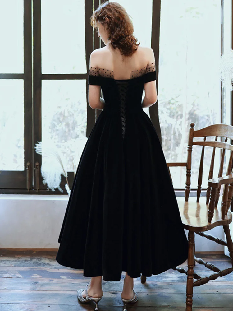 

Vintage Off Shoulder Velvet Solid Evening Dress Slim Backless Bandage A Line Formal Party Gown Ladies Prom Dress