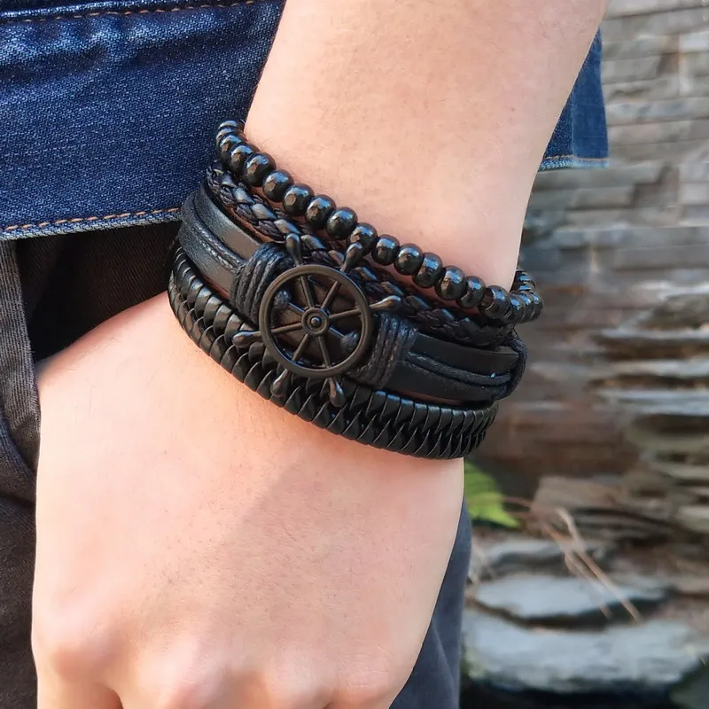 Fashion Bracelete Genuine Leather Multilayer Eye Bracelet Men Vintage Punk Rock Women Alloy Beads Nautical Jewelry | Украшения и