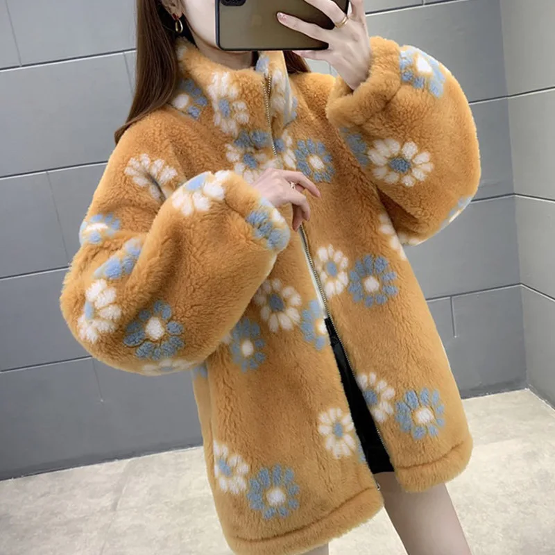 Genuine Sheep Fur Coat Short Print Flower Winter Clothes Women Zipper Long Sleeves Natural Sheepskin Ladies Overcoats Abrigos