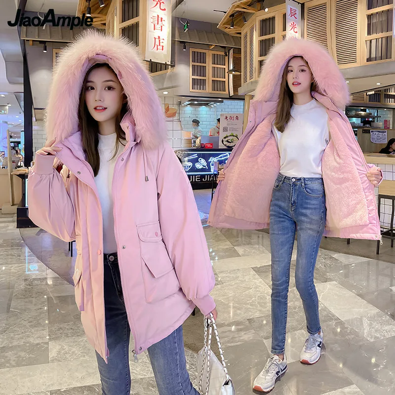 Winter Warm Thick Fur Cotton Jacket 2021 New Korean Student Fashion Packet Letter Hooded Long Coats Lady Snow Wear Black Outwear