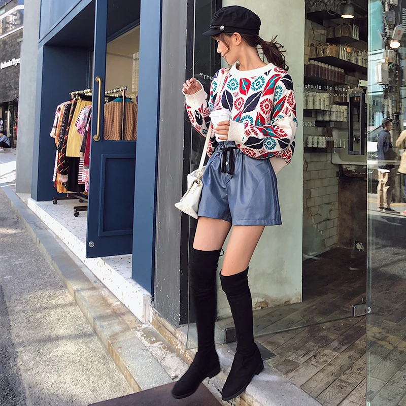 KINOMI Women's Pullover Sweaters Autumn Winter Vintage Leaf Printed O-Neck Long Sleeve Loose Sweater Top 2019 New Blue Christmas | Женская