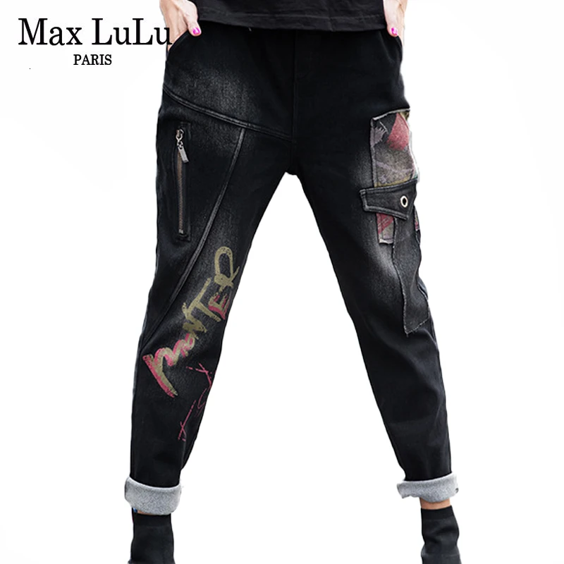 Max LuLu модные корейские женские винтажные Лоскутные Джинсовые брюки женские Роскошные джинсы с принтом зимние меховые теплые джинсы размера плюс
