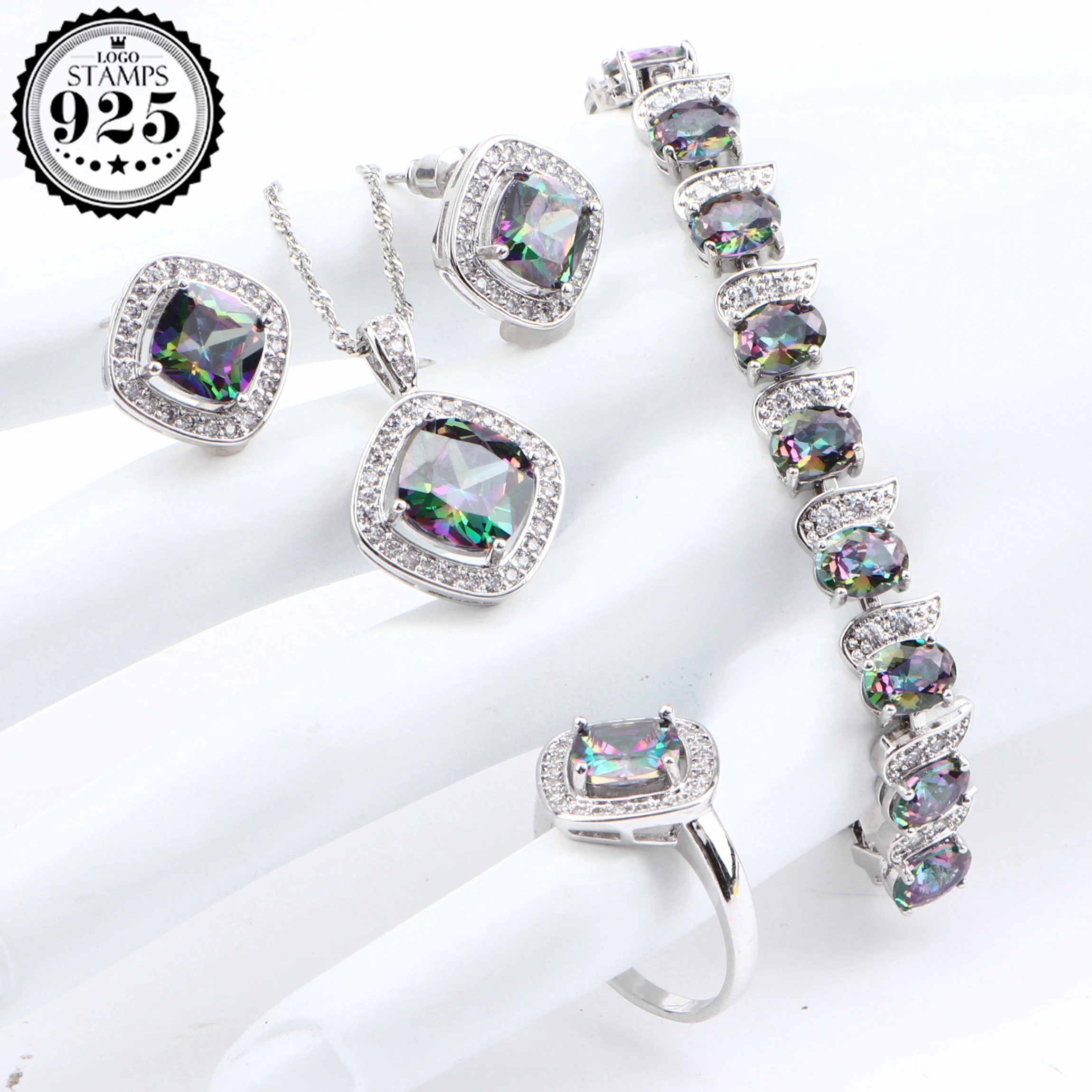 Rainbow Cubic Zirconia Bridal Jewelry Sets Silver 925 Women Costume Wedding Pendant Bracelet Rings Earrings Necklace Set | Украшения и