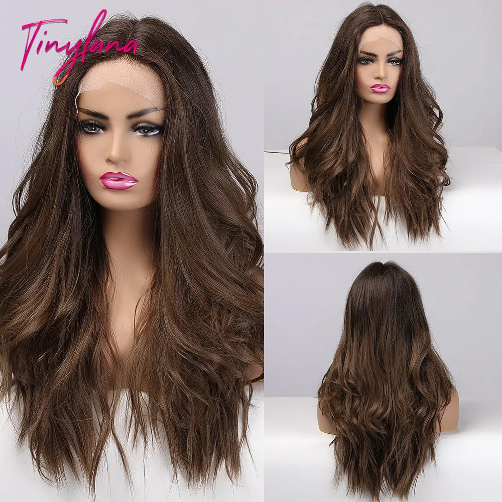 TINY LANA Long Wavy Wigs Ombre Honey Brown Lace Front Middle Part Synthetic Hair For Afro Black Woman Heat Resistant Fiber | Шиньоны и