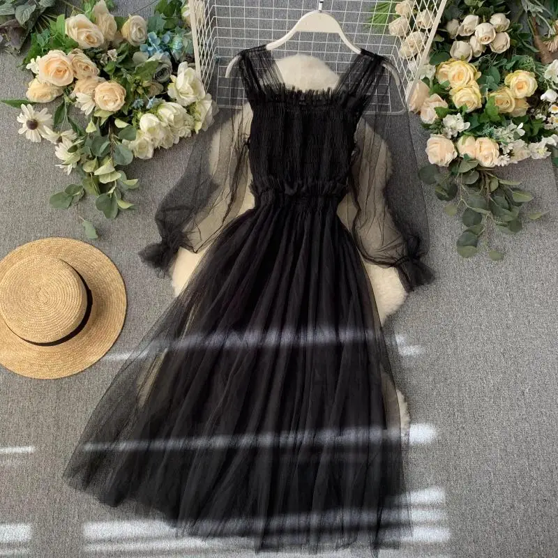 

Autumn Fashion Retro Sexy Women Dress Square Neck Stretch Long Sleeve High Waist Slim Mid-length Mesh Gauze Female Dresses