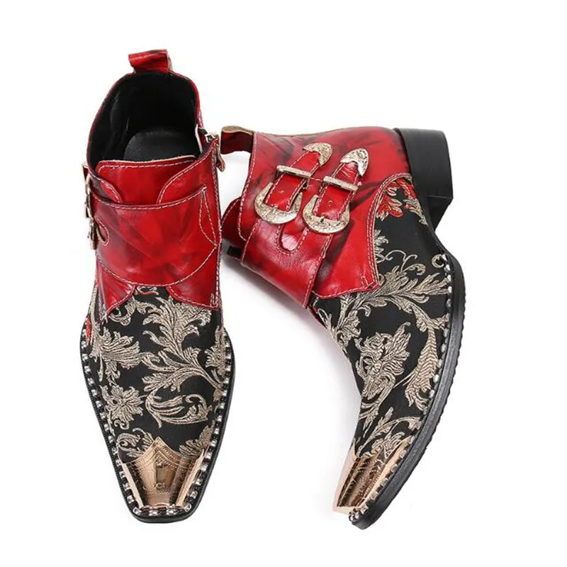 

2020 New Style Punk Genuine Leather Men's Ankle Boots printing Mens Military Cowboy zipper Boots High Top Red Men Dress Boots