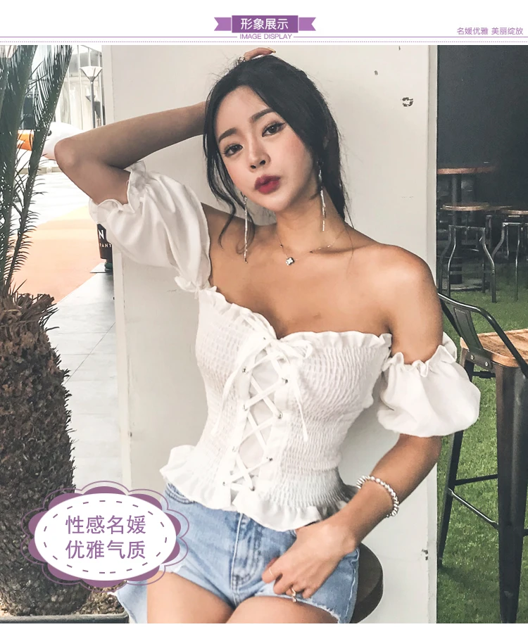 

Sexy Summer Crop Top Womens Tops and Blouses Puff Sleeve Off Shoulder Lace Up Beach Shirt blusa feminina