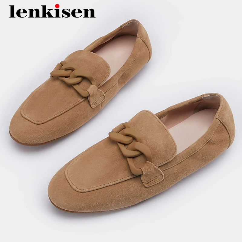 

Lenkisen concise style sheep suede chain decorations mature round toe low heel slip on leisure dress daily wear women pumps L57