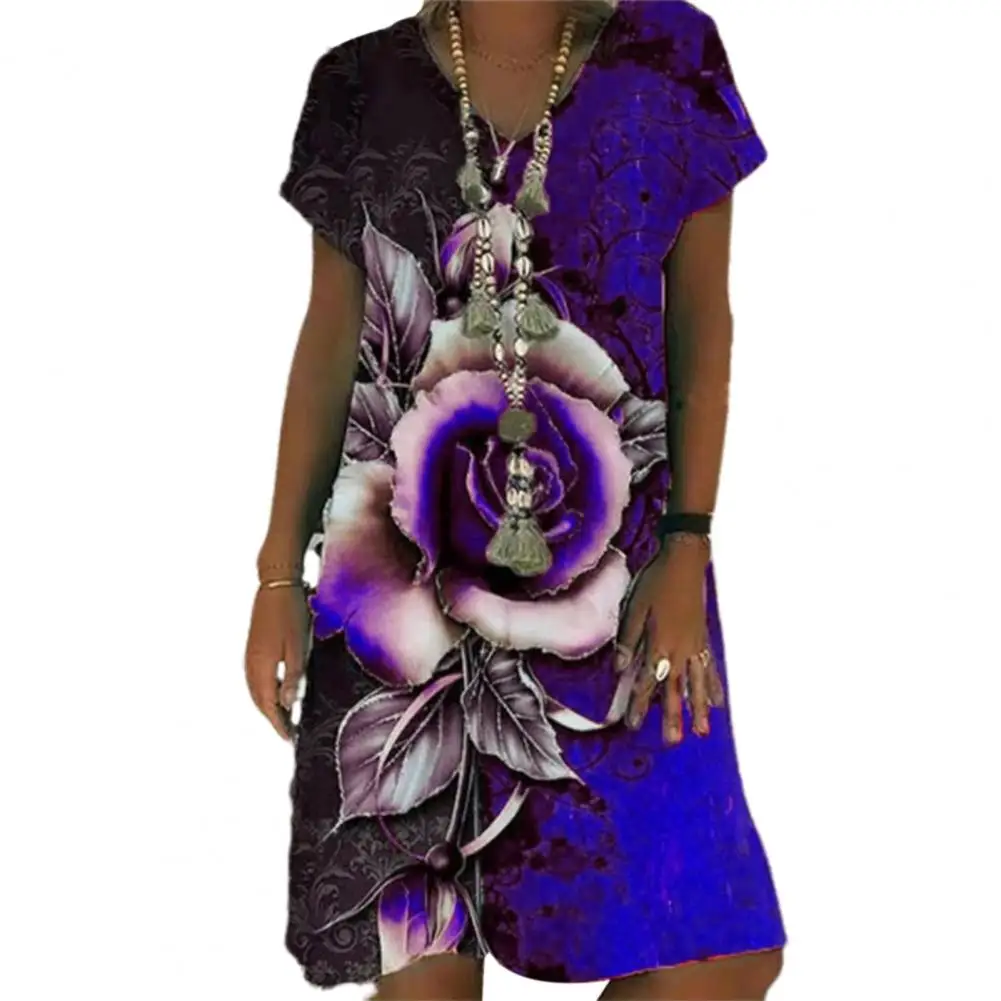 

Womens Summer dress Rose Print Short Sleeve Knee-Length Dress Ladies Boho A Line Dress Loose beach Dress robe femme vestidos