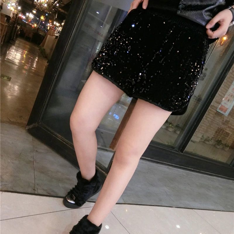 

2020 Autumn And Winter Elastic Wide Leg Sequins Shorts Women Loose High Waist Modis Short Femme