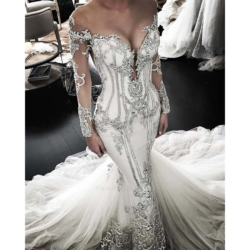 Robe De Mariee тонкая Кружевная аппликация Русалка свадебное платье имитация Длинного Рукава декольте Свадебные платья